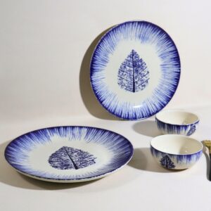 Indigo Leaf Burst Handcrafted 4-Piece Ceramic Dinner Set | Includes 2 Full Plates & 2 Vegetable Bowls | Microwave & Dishwasher Safe | Elegant Ceramic Plates & Katoris | Made in India