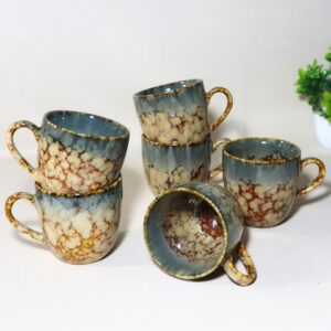 Brown Marble Ceramic Tea Cup Set of 12 (200ml Each) | Glossy Finish | Microwave & Dishwasher Safe | Handmade in India