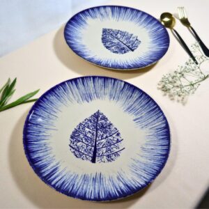 Indigo Leaf Burst Stoneware Dinner Plates – Set of 2 | Blue & White Leaf Handcrafted Ceramic Plates | Oven, Microwave & Dishwasher Safe | Elegant Dinnerware for Dining, Gifting & Daily Use | Made in India