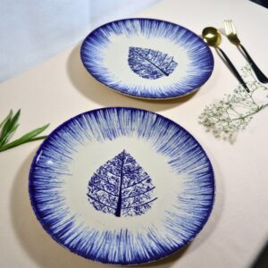 Indigo Leaf Burst Stoneware Dinner Plates – Set of 4 | Handcrafted Blue & White Leaf Ceramic Plates | Oven, Microwave & Dishwasher Safe | Elegant Dinnerware for Dining, Gifting & Everyday Use | Made in India