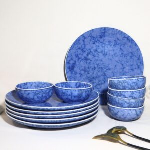 Handcrafted Blue White Leaf 12-Piece Ceramic Dinner Set | Includes 6 Full Dinner Plates & 6 Vegetable Bowls (Katoris) | Microwave & Dishwasher Safe | Elegant Ceramic Plates | Made in India
