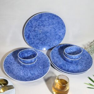 Handcrafted Blue Marbled 8-Piece Ceramic Dinner Set | Includes 4 Full Dinner Plates & 4 Vegetable Bowls (Katoris) | Microwave & Dishwasher Safe | Elegant Hand-Glazed Ceramic Serveware | Made in India