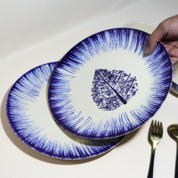 Indigo Leaf Burst Handcrafted 12-Piece Ceramic Dinner Set | Includes 6 Full Dinner Plates & 6 Vegetable Bowls (Katoris) | Microwave & Dishwasher Safe | Elegant Blue & White Leaf Ceramic Plates | Made in India - Image 2