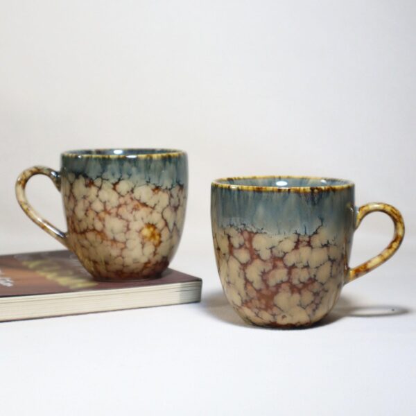 Brown Marble Ceramic Tea Cup Set of 12 (200ml Each) | Glossy Finish | Microwave & Dishwasher Safe | Handmade in India - Image 2