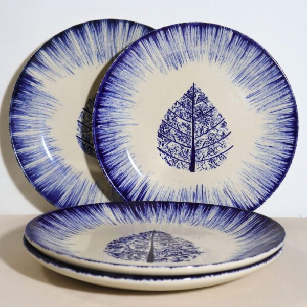 Indigo Leaf Burst Handcrafted 8-Piece Ceramic Dinner Set | Includes 4 Full Dinner Plates & 4 Vegetable Bowls (Katoris) | Microwave & Dishwasher Safe | Elegant Blue & White Leaf Ceramic Plates | Made in India - Image 3