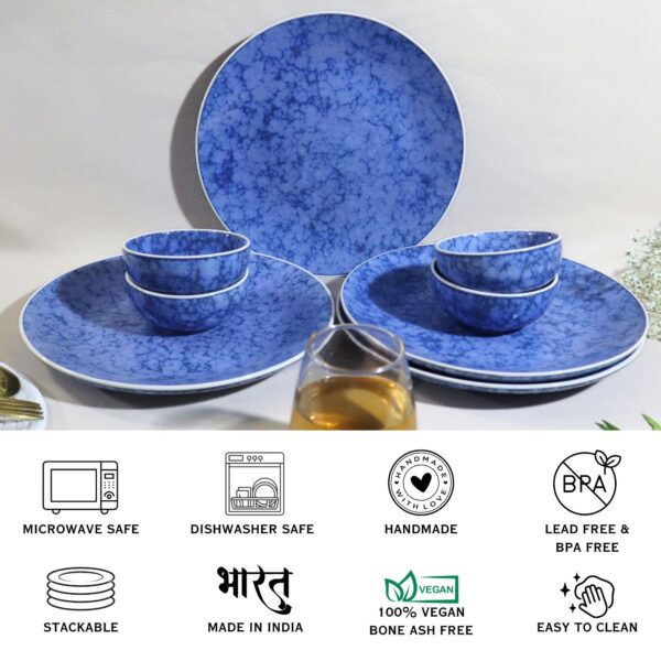 Handcrafted Blue Marbled 8-Piece Ceramic Dinner Set | Includes 4 Full Dinner Plates & 4 Vegetable Bowls (Katoris) | Microwave & Dishwasher Safe | Elegant Hand-Glazed Ceramic Serveware | Made in India - Image 5