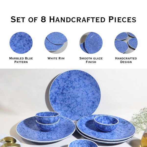 Handcrafted Blue Marbled 8-Piece Ceramic Dinner Set | Includes 4 Full Dinner Plates & 4 Vegetable Bowls (Katoris) | Microwave & Dishwasher Safe | Elegant Hand-Glazed Ceramic Serveware | Made in India - Image 4