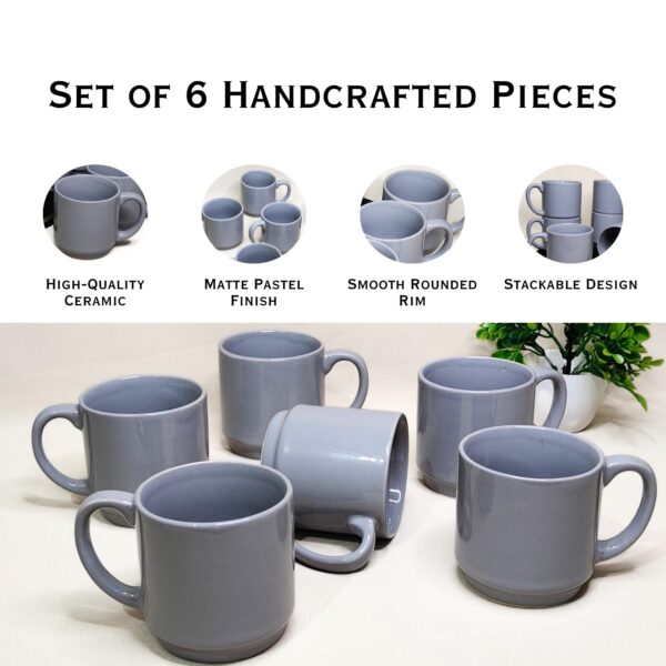Grey Ceramic Tea Cups – Set of 6 (200ml Each) | Glossy Finish | Microwave & Dishwasher Safe | Handmade in India - Image 4