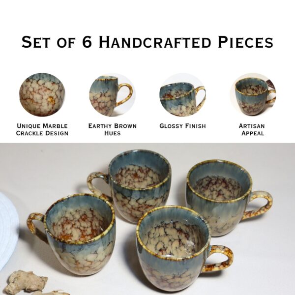 Brown Marble Ceramic Tea Cup Set of 12 (200ml Each) | Glossy Finish | Microwave & Dishwasher Safe | Handmade in India - Image 4
