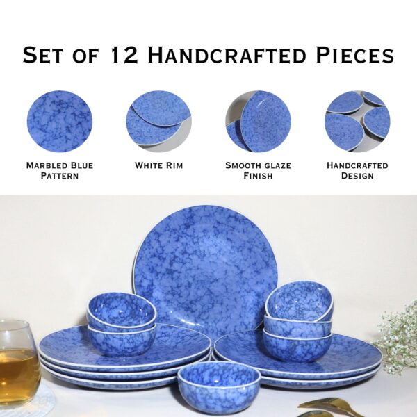 Handcrafted Blue White Leaf 12-Piece Ceramic Dinner Set | Includes 6 Full Dinner Plates & 6 Vegetable Bowls (Katoris) | Microwave & Dishwasher Safe | Elegant Ceramic Plates | Made in India - Image 4