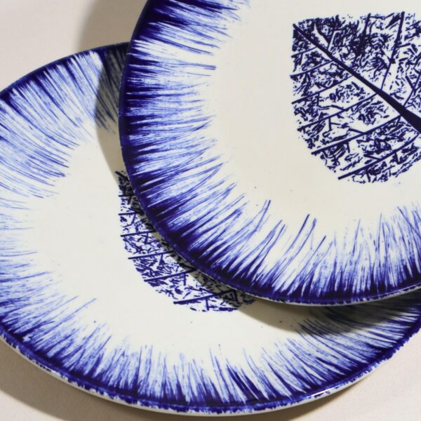 Indigo Leaf Burst Handcrafted 8-Piece Ceramic Dinner Set | Includes 4 Full Dinner Plates & 4 Vegetable Bowls (Katoris) | Microwave & Dishwasher Safe | Elegant Blue & White Leaf Ceramic Plates | Made in India - Image 2