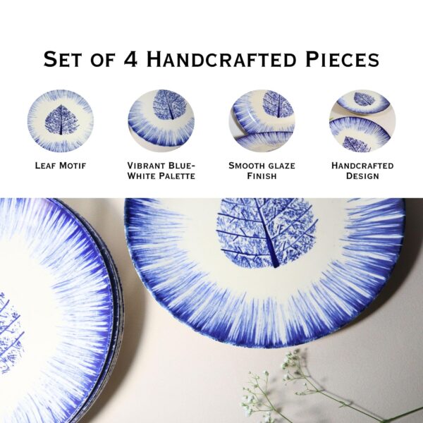 Indigo Leaf Burst Handcrafted 4-Piece Ceramic Dinner Set | Includes 2 Full Plates & 2 Vegetable Bowls | Microwave & Dishwasher Safe | Elegant Ceramic Plates & Katoris | Made in India - Image 5