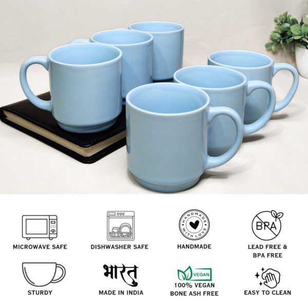Sky Blue Ceramic Tea Cups – Set of 6 (200ml Each) | Glossy Finish | Microwave & Dishwasher Safe | Handmade in India - Image 5