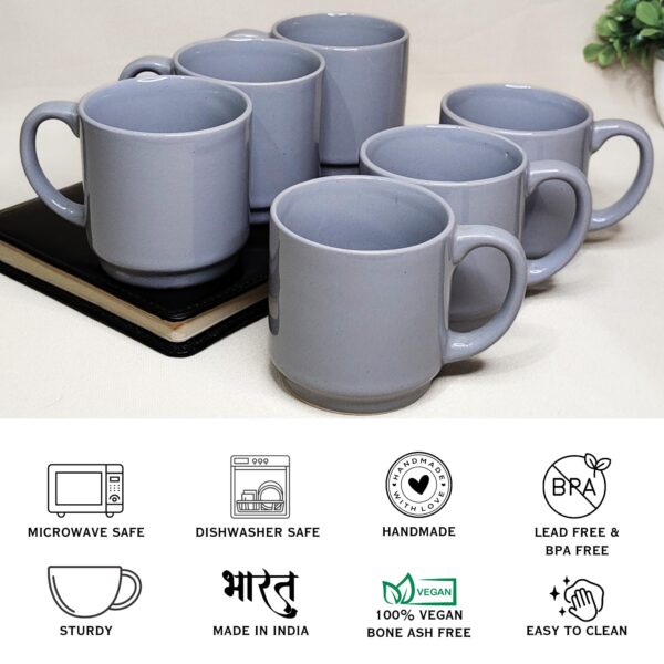 Grey Ceramic Tea Cups – Set of 6 (200ml Each) | Glossy Finish | Microwave & Dishwasher Safe | Handmade in India - Image 5