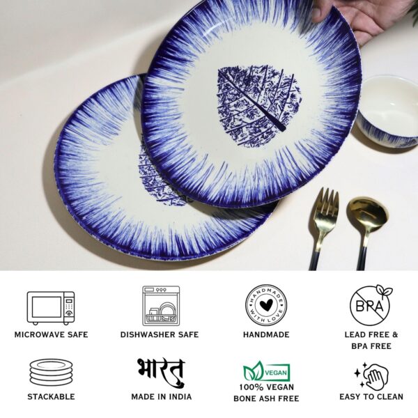 Indigo Leaf Burst Stoneware Dinner Plates – Set of 2 | Blue & White Leaf Handcrafted Ceramic Plates | Oven, Microwave & Dishwasher Safe | Elegant Dinnerware for Dining, Gifting & Daily Use | Made in India - Image 5