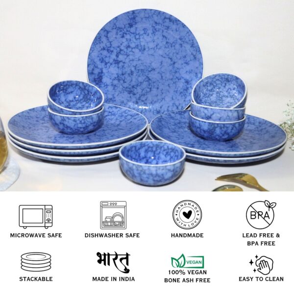 Handcrafted Blue White Leaf 12-Piece Ceramic Dinner Set | Includes 6 Full Dinner Plates & 6 Vegetable Bowls (Katoris) | Microwave & Dishwasher Safe | Elegant Ceramic Plates | Made in India - Image 5