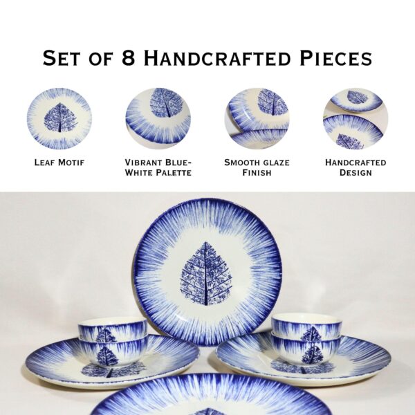 Indigo Leaf Burst Handcrafted 8-Piece Ceramic Dinner Set | Includes 4 Full Dinner Plates & 4 Vegetable Bowls (Katoris) | Microwave & Dishwasher Safe | Elegant Blue & White Leaf Ceramic Plates | Made in India - Image 5