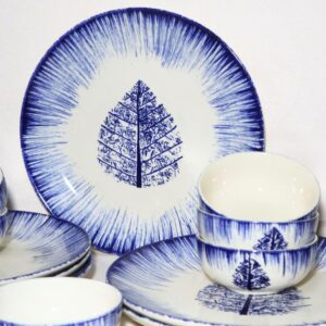 Indigo Leaf Burst Handcrafted 12-Piece Ceramic Dinner Set | Includes 6 Full Dinner Plates & 6 Vegetable Bowls (Katoris) | Microwave & Dishwasher Safe | Elegant Blue & White Leaf Ceramic Plates | Made in India