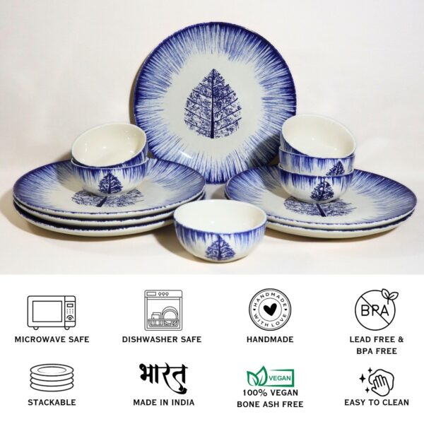 Indigo Leaf Burst Handcrafted 12-Piece Ceramic Dinner Set | Includes 6 Full Dinner Plates & 6 Vegetable Bowls (Katoris) | Microwave & Dishwasher Safe | Elegant Blue & White Leaf Ceramic Plates | Made in India - Image 5