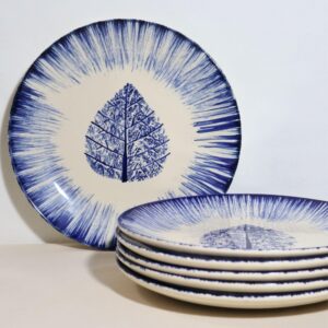 Indigo Leaf Burst Stoneware Dinner Plates – Set of 6 | Handcrafted Blue & White Leaf Ceramic Plates | Oven, Microwave & Dishwasher Safe | Elegant Dinnerware for Dining, Gifting & Everyday Use | Made in India