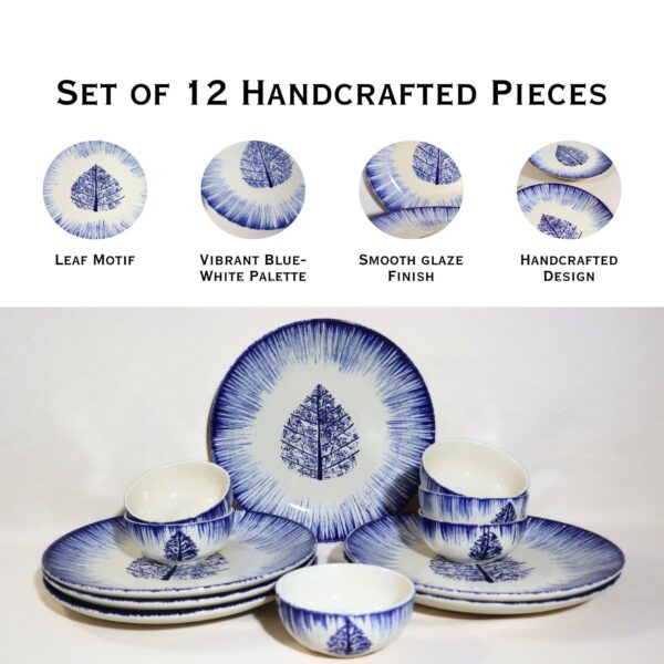Indigo Leaf Burst Handcrafted 12-Piece Ceramic Dinner Set | Includes 6 Full Dinner Plates & 6 Vegetable Bowls (Katoris) | Microwave & Dishwasher Safe | Elegant Blue & White Leaf Ceramic Plates | Made in India - Image 4